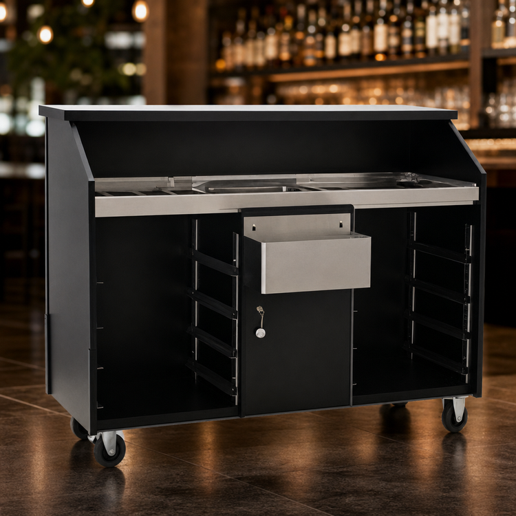 Product image #4 for Deluxe 63-Inch Black Portable Bar with Ice Bin, Two Locking Cabinets, and Dual Speed Rails