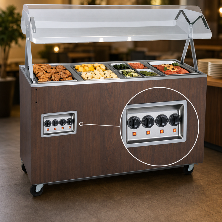 Product image #4 for Vollrath 2-Series Affordable Portable 4-Well Mobile Hot Food Station with Buffet Breath Guard and Lights, Enclosed Sliding-Door Base, Walnut Woodgrain