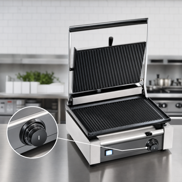 Product image #4 for Eurodib Commercial Single Panini Grill with Ribbed Cast Iron Top and Bottom Plates, 220V