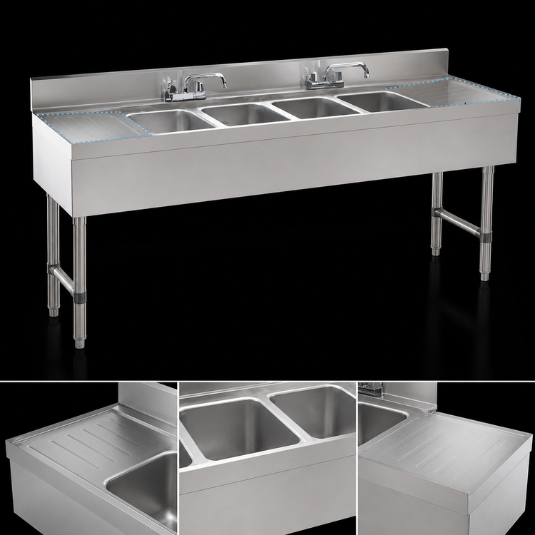 Product image #4 for Advance Tabco Special Value Series 72" Wide Stainless Steel 4-Compartment Underbar Sink Unit with Deck Mount Faucets and Dual Drainboards