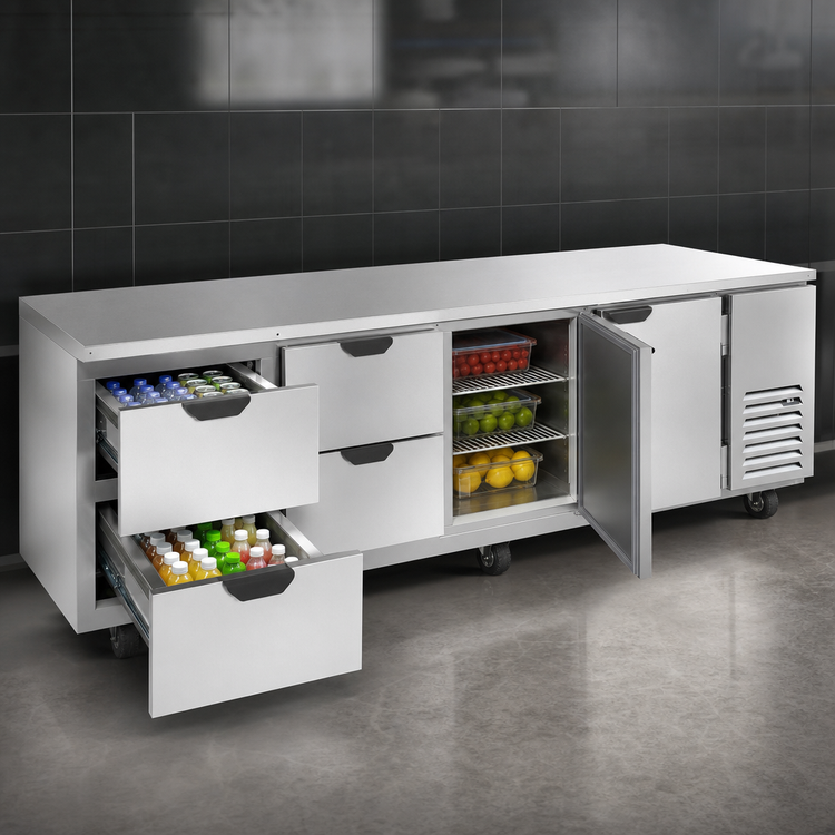 Product image #4 for Beverage-Air Four-Section Undercounter Refrigerator with 4 Drawers and 2 Doors, 119-Inch Wide, Self-Contained Side-Mounted Refrigeration