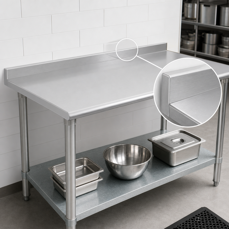 Product image #4 for Duke 84" x 30" 14-Gauge 300 Series Stainless Steel Work Table with 1-1/8" Riser and Galvanized Undershelf