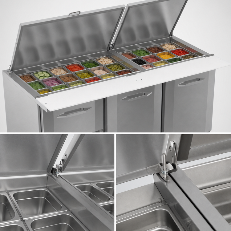 Product image #5 for Victory UltraSpec V-Core 72-Inch Three-Section Sandwich Prep Refrigerator with 2 Doors, 2 Drawers, and 30-Pan Top