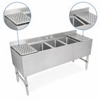 Thumbnail image #4 for John Boos Slim-Line UBS3-1872-2D18 72-Inch 3-Compartment Stainless Steel Underbar Sink with Dual Drainboards and 3-Inch Backsplash