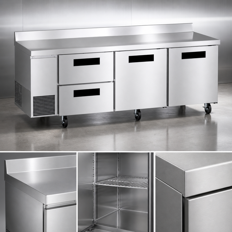 Product image #4 for Hoshizaki Steelheart 93-Inch 3-Section Worktop Refrigerator with 2 Doors and 2 Drawers, Side-Mounted, Stainless Steel