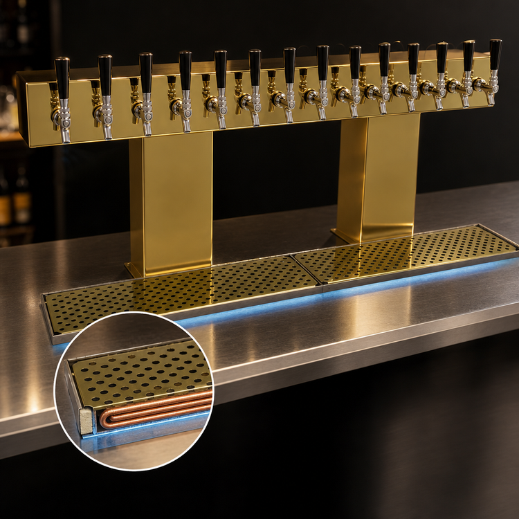 Product image #4 for Glastender 14-Faucet Countertop Bridge Draft Dispensing Tower, Glycol-Cooled, Polished Brass Finish