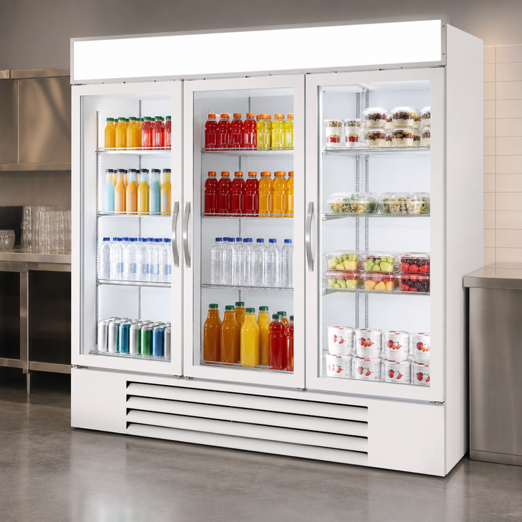 Product image #5 for Beverage Air MarketMax Dual-Temp Glass Door Reach-In Refrigerator/Freezer Merchandiser, 3-Section, White