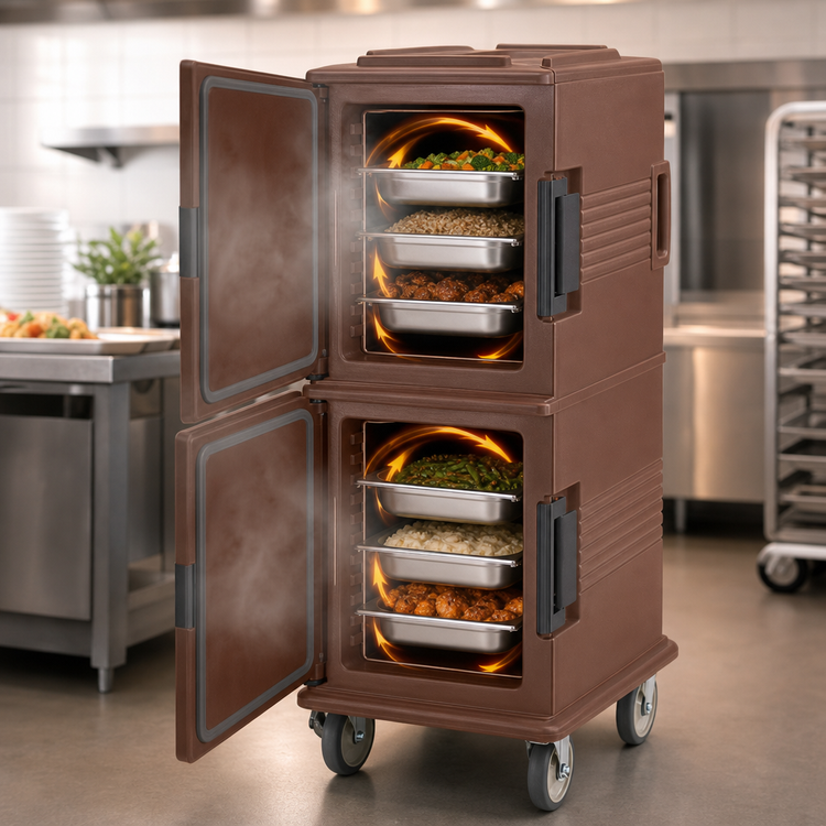 Product image #5 for Cambro Ultra Camcart Heated Front-Loading Food Pan Carrier, 2-Compartment, 110V, Dark Brown