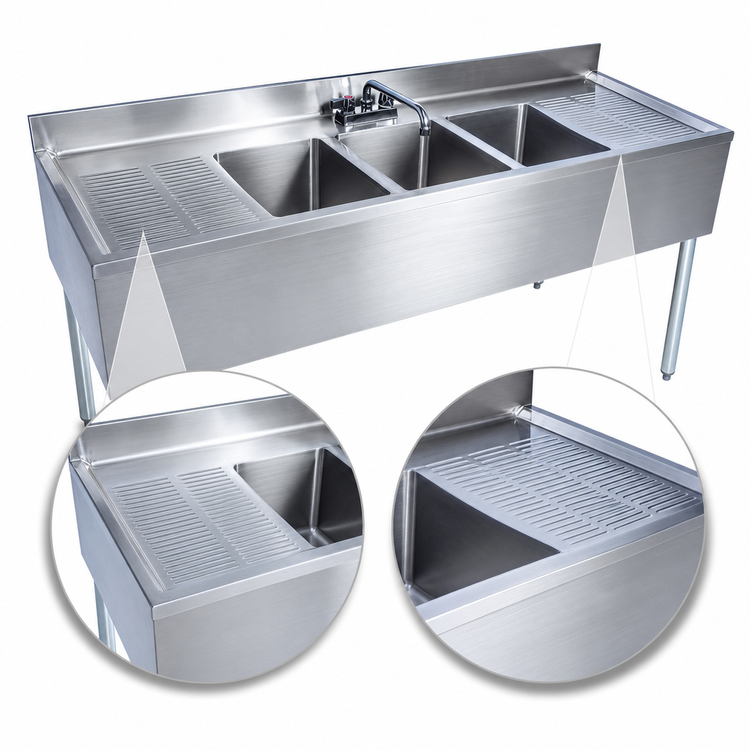 Product image #4 for BK Resources Slim-Line 3-Compartment Stainless Steel Underbar Sink with Dual 25-Inch Drainboards, 84-Inch Wide