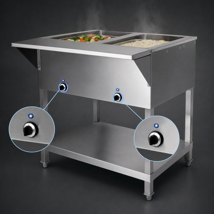 Product image #4 for Klinger's Trading SW2H120 2-Pan Sealed Well Electric Holding Table with Open Shelf Base