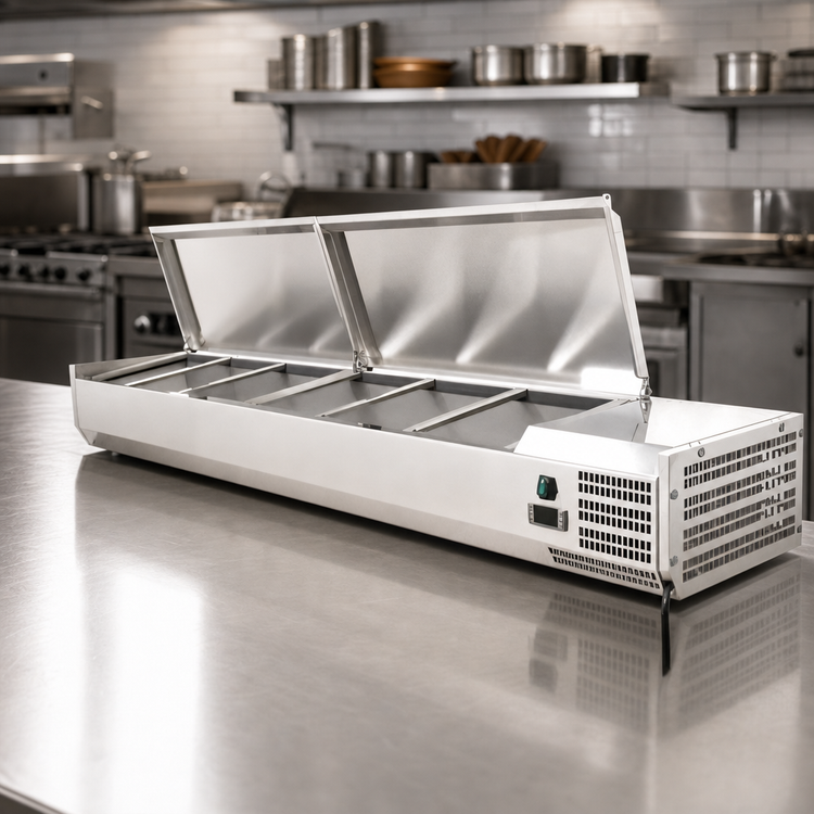 Product image #4 for Omcan Refrigerated Countertop Topping Rail with Stainless Steel Cover, 78 Inch, 9-Pan Capacity for 1/3 Size Pans