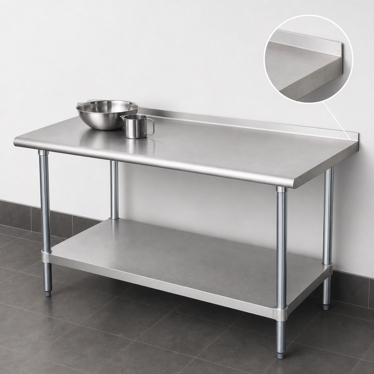 Product image #4 for Advance Tabco 144 Inch x 24 Inch 14 Gauge 304 Stainless Steel Work Table with 1-1/2 Inch Rear Up-Turn and Adjustable Undershelf