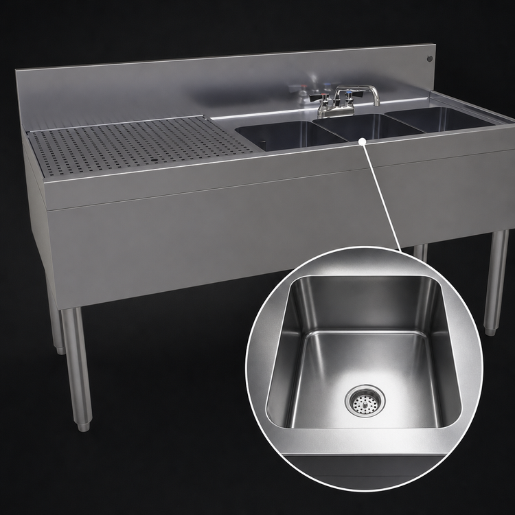 Product image #4 for Glastender Three-Compartment Underbar Sink Unit with Left Drainboard and Deck-Mount Faucet, 60 Inch Wide x 24 Inch Deep