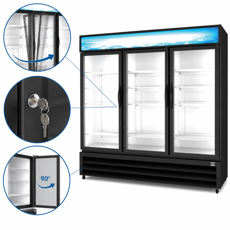 Product image #4 for Kelvinator Commercial 81-Inch Three-Section Glass Door Reach-In Freezer Merchandiser, 72 Cu. Ft., Bottom-Mount Self-Contained, Black