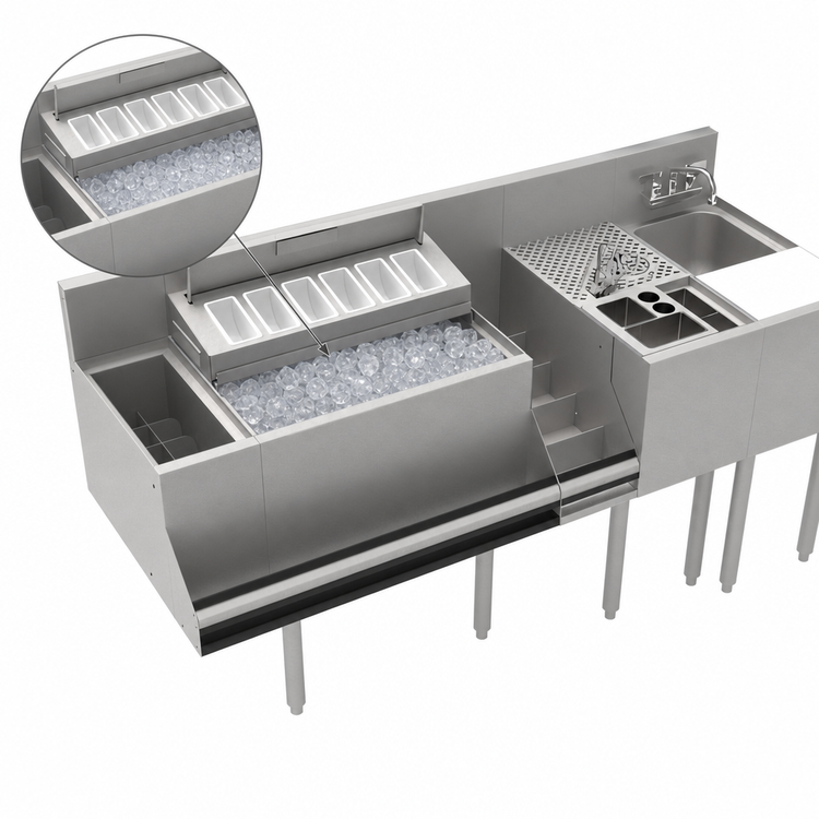 Product image #4 for 64-Inch Underbar Beverage Workstation with 24-Inch Ice Bin, 10-Circuit Cold Plate, and 12-Inch Dump Sink