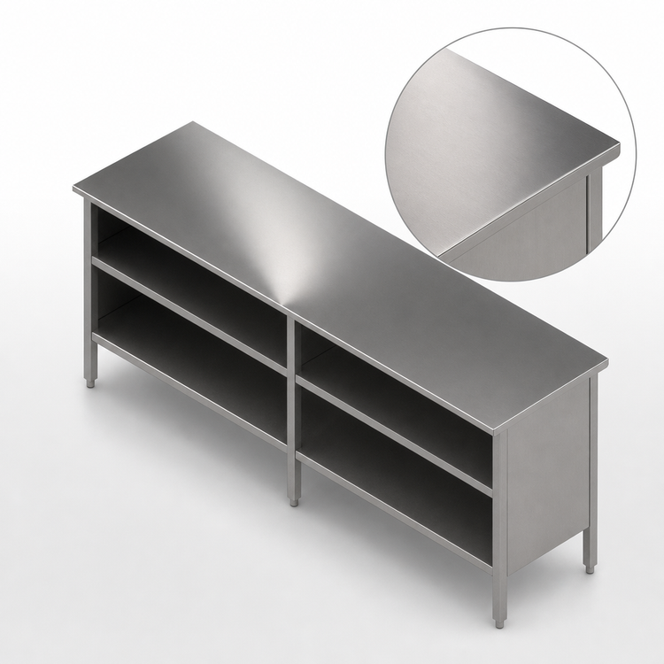 Product image #4 for John Boos Open Front Enclosed Base Stainless Steel Work Table with Undershelf, 120 x 30 Inches, 16 Gauge Top