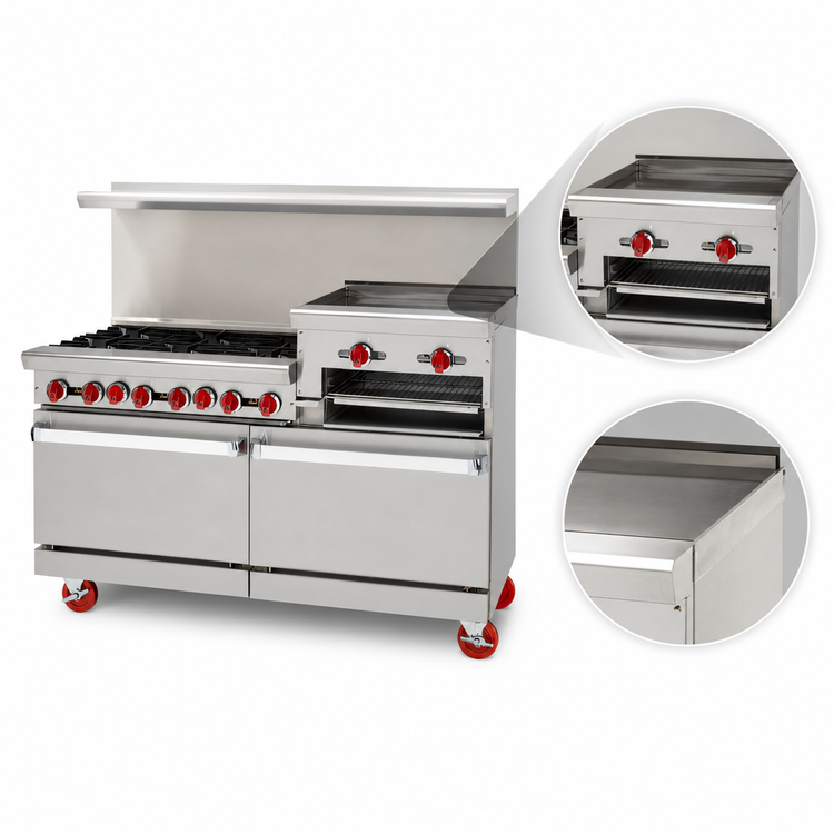 Product image #4 for American Range 72-Inch Gas Restaurant Range with 8 Open Burners, 24-Inch Raised Griddle/Broiler, Standard Oven, and Storage Base