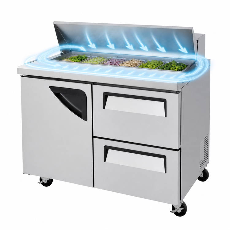 Product image #4 for Turbo Air Super Deluxe 48-Inch Two-Section Sandwich/Salad Prep Table with 1 Door and 2 Drawers, 12-Pan Opening