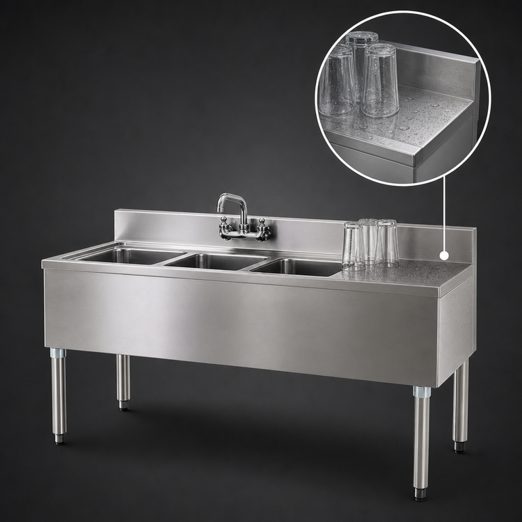 Product image #4 for Eagle Group 1800 Series 3-Compartment Underbar Sink Unit with 12-Inch Right Drainboard, 48-Inch Wide, 304 Stainless Steel