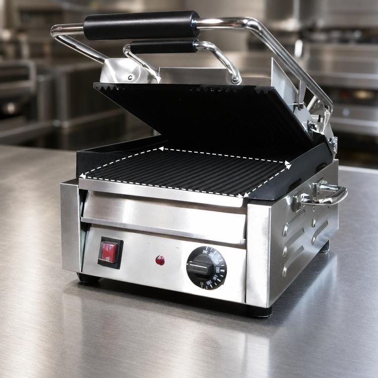 Product image #4 for Omcan USA Single Commercial Panini Press with Grooved Cast Iron Plates, 10 x 11 Inch Cooking Surface, 120V