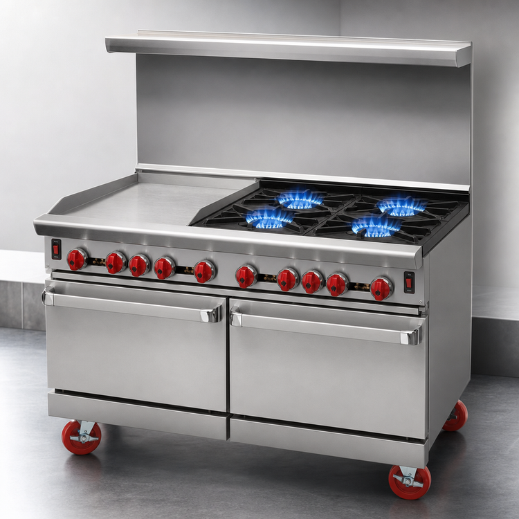 Product image #4 for American Range 48" Green Flame Commercial Gas Range with 24" Left Griddle, 4 Open Burners and 2 Space Saver Ovens