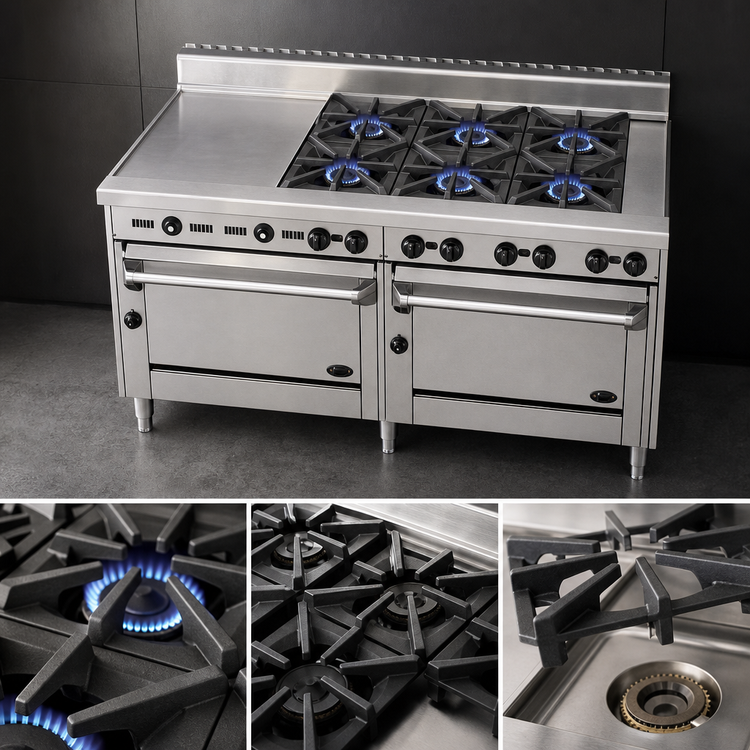 Product image #4 for Jade Bistro 72-Inch Shallow-Depth Commercial Gas Range with 6 Open Burners, 36-Inch Griddle, and 2 Standard Ovens