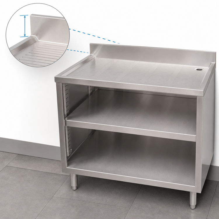 Product image #5 for BK Resources Underbar Stainless Steel Glass Rack Unit with Drainboard Top, Open Front Base, and Adjustable Shelf, 30W x 21D x 32-1/2H