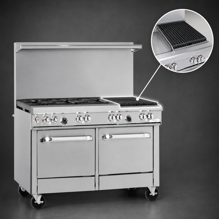 Product image #4 for Southbend Ultimate 48-Inch Gas Restaurant Range with 4 Open Burners, 24-Inch Charbroiler, Convection Oven, and Cabinet Base