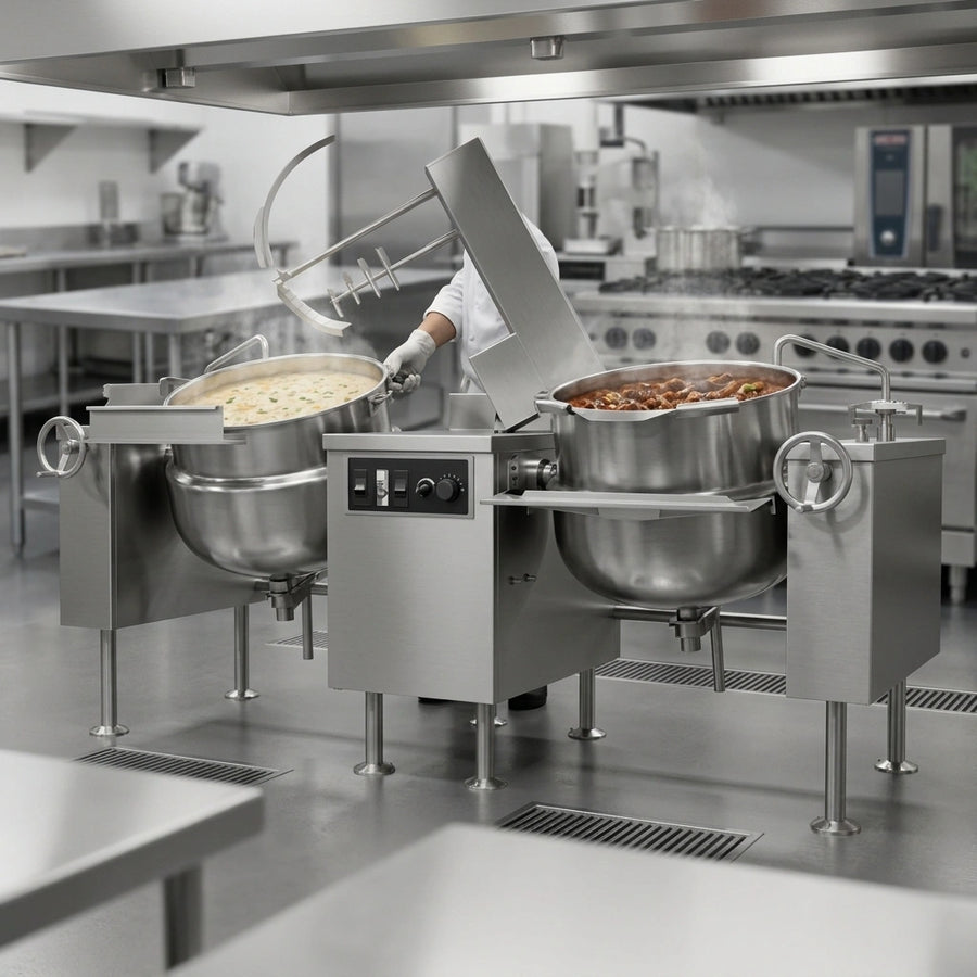 Effortlessly prepare diverse, large-scale culinary creations simultaneously with the dual 60-gallon capacity of these powerful mixer kettles.
