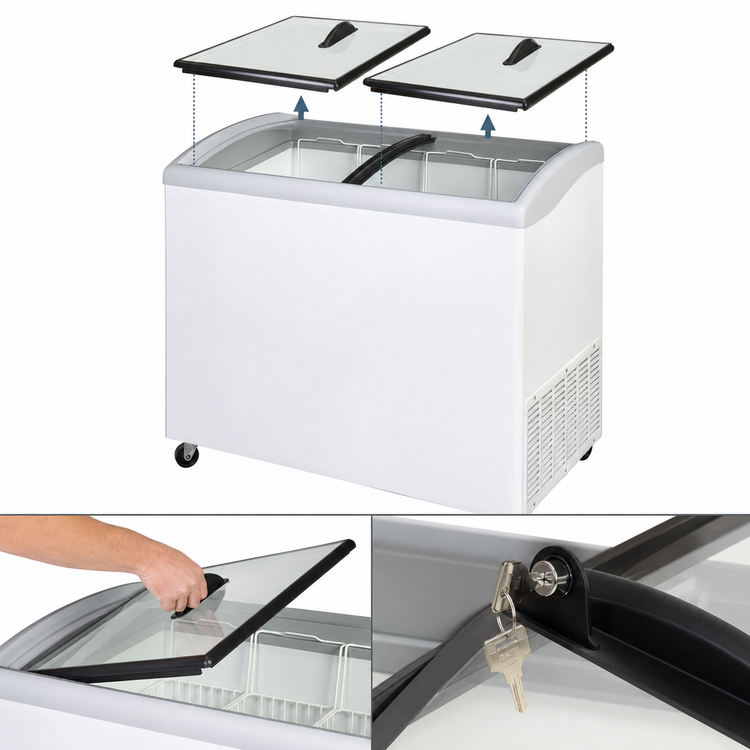 Product image #4 for Beverage Air NC51HC-1-W Angled-Top Novelty Ice Cream Freezer with 2 Removable Glass Lids, 13.19 Cu. Ft., White