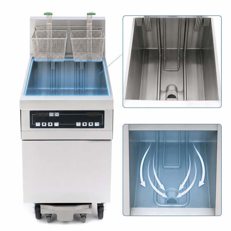 Product image #4 for Frymaster RE High Efficiency 80 lb Electric Floor Model Fryer with Built-In Filtration and Open-Pot Design, 17 kW