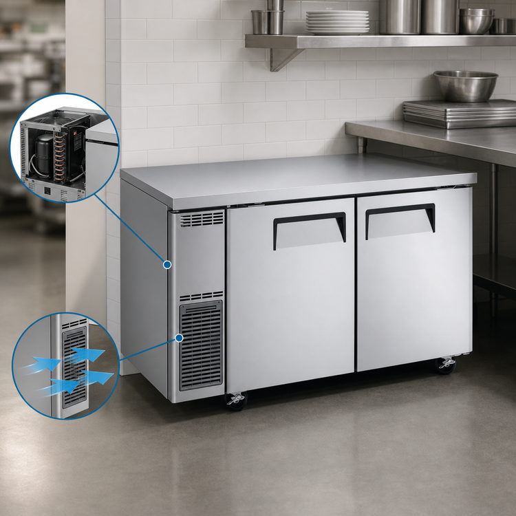 Product image #4 for Turbo Air J Series Narrow Side-Mount Undercounter Freezer, 11.31 Cu. Ft., 2-Section, 2 Stainless Steel Doors