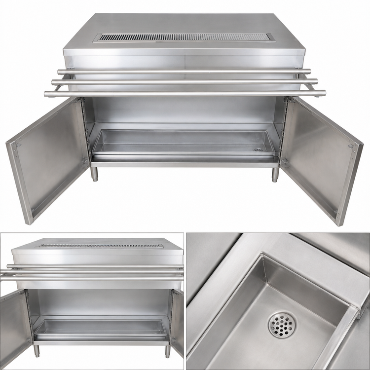Product image #4 for BK Resources Stainless Steel Cashier-Serve Counter with Hinged Doors, Urn Trough, and Drop Shelf, 48"W x 30"D