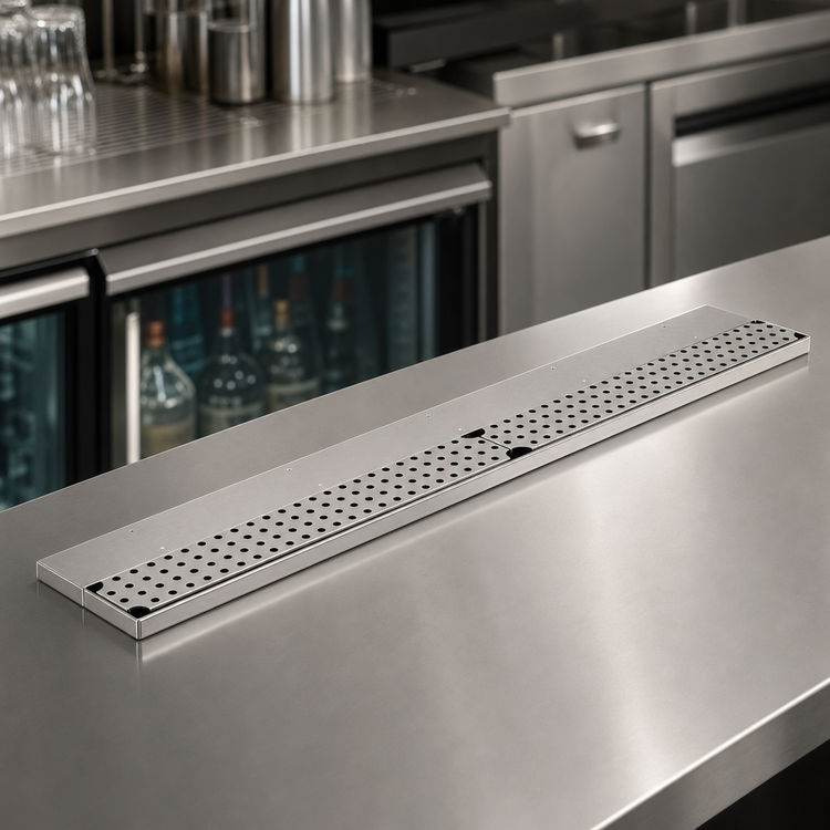 Product image #4 for 48-Inch Stainless Steel Bar Drink Rail with 2 Removable Grates and Right-Side Drain