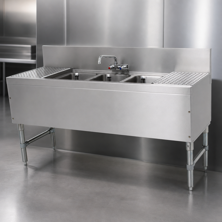 Product image #4 for Advance Tabco Prestige 3-Compartment Stainless Steel Underbar Sink Unit with Dual Drainboards and Splash-Mount Faucet