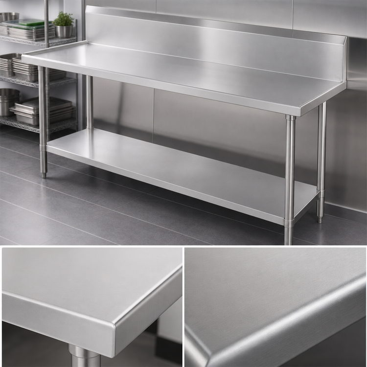 Product image #4 for Advance Tabco 108-Inch 14-Gauge 304 Stainless Steel Work Table with 10-Inch Backsplash and Undershelf