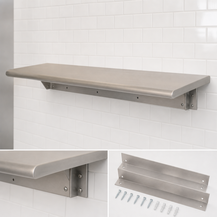 Product image #4 for BK Resources 72-Inch x 18-Inch Wall-Mounted Pass-Through Shelf, 304 Stainless Steel Top, 5-Inch Max Wall Thickness