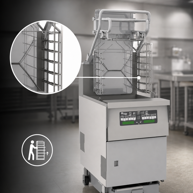 Product image #4 for Pitco Solstice Supreme Gas Reduced Oil Volume Rack Fryer System with Automatic Filtration, Lift Assist, and 76 lb Oil Capacity