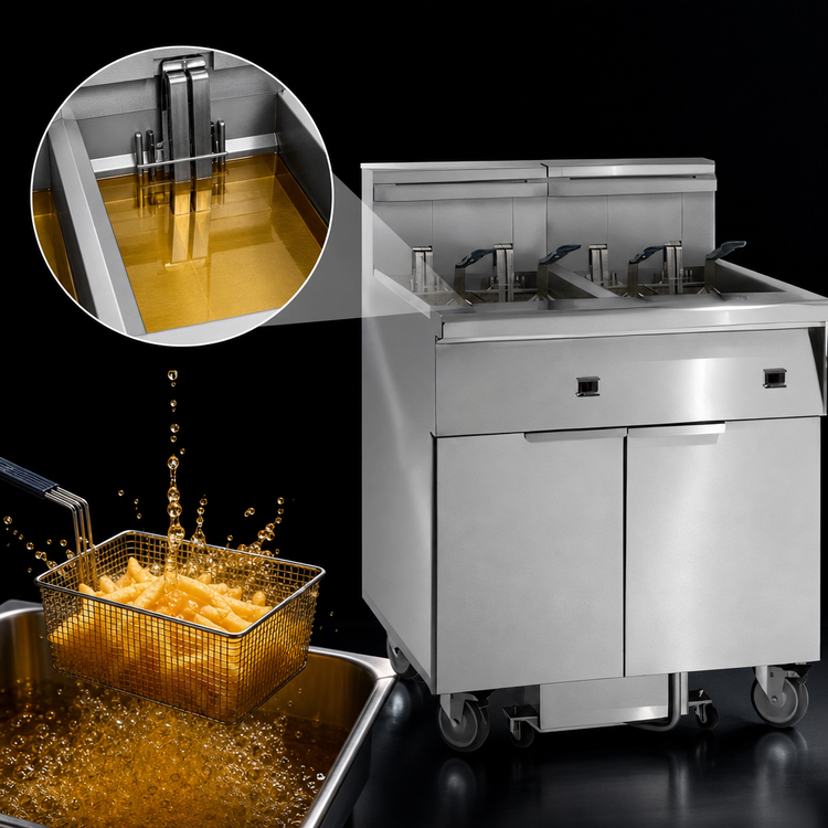 Product image #4 for 4-Battery Electric Floor Fryer with Built-In Space Saver Filter System, 50 lb. Tanks