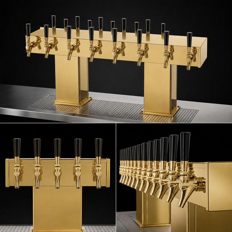 Product image #4 for Perlick Extra High Countertop Back-to-Back Bridge Tee Glycol-Cooled Draft Beer Tower, 24 Faucets, Brass Finish