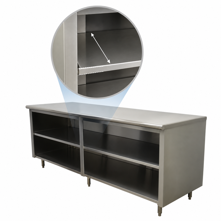 Product image #4 for Advance Tabco Special Value Economy Flat Top Open Base Work Table with Mid Shelf, 84W x 24D, 16 Gauge 304 Stainless Steel Top