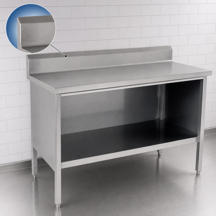 Product image #4 for Enclosed Base Open Front Work Table, 120 Inch W x 24 Inch D, 14 Gauge Stainless Steel Top, 5 Inch Backsplash