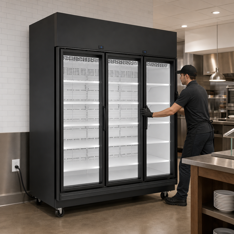 Product image #4 for True TRM3M 3-Section Medium Temperature Glass Door Refrigerated Merchandiser, Black Exterior/White Interior, Self-Contained