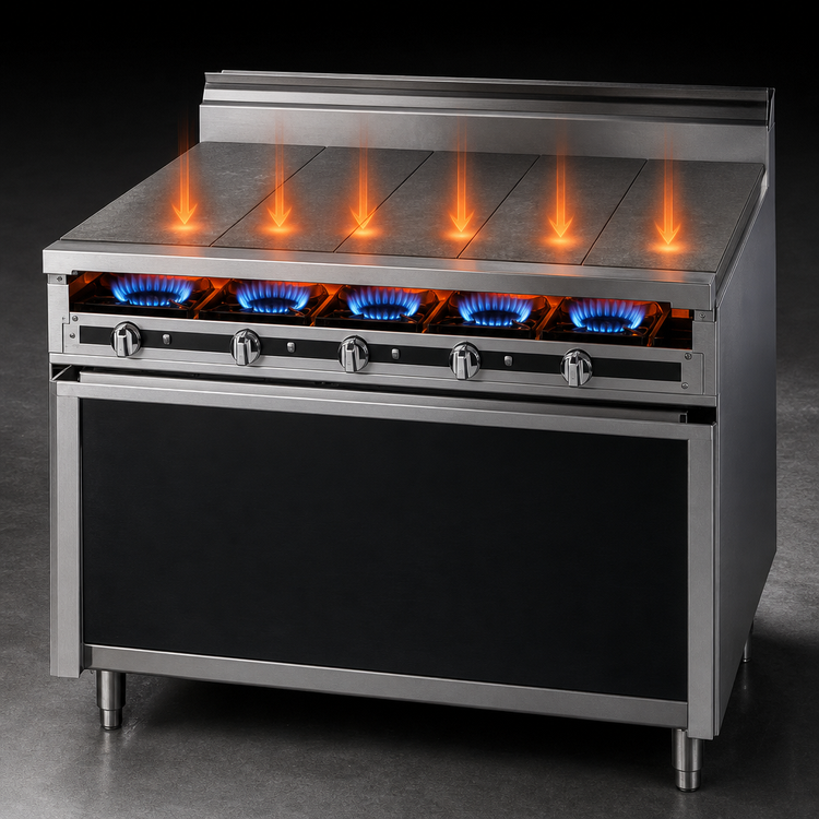 Product image #4 for Titan JTRH-5HT Heavy Duty 60-Inch Gas Hot Top Range with 5 Sections, Cabinet Base