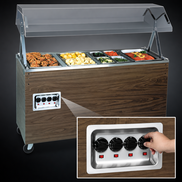 Product image #4 for Vollrath 2-Series Affordable Portable 4-Well Mobile Hot Food Station with Buffet Breath Guard and Lights, Cherry Woodgrain, 120V