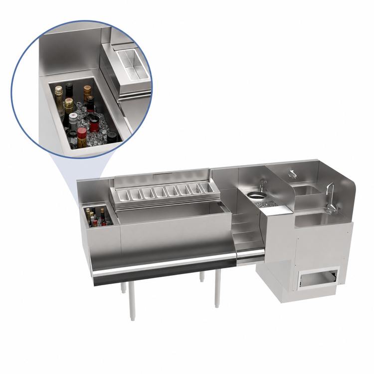 Product image #4 for Krowne 72-Inch Taffer Command Station Underbar Bar Ice Bin with Hybrid Sink and Speedrail, No Cold Plate