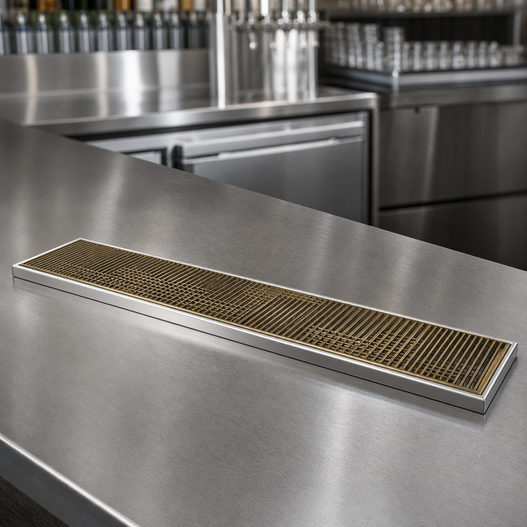 Product image #4 for 45-Inch Surface Mount Stainless Steel Drip Tray Trough with Perforated PVD Brass Screen