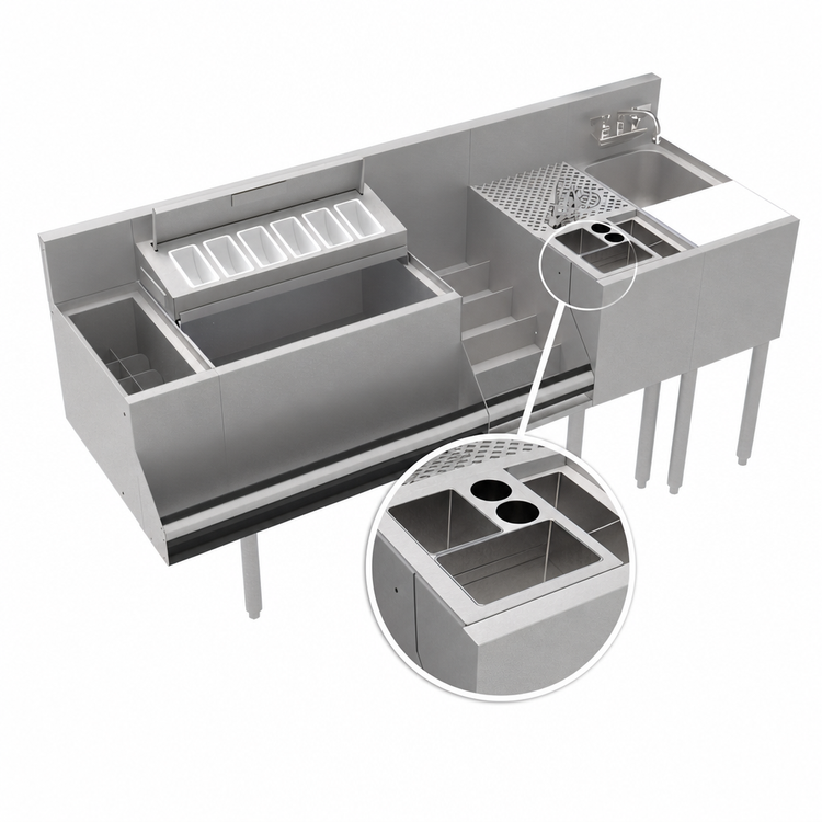 Product image #4 for Krowne Royal Series 68-Inch Stainless Steel Underbar Workstation with Ice Bin, Elixir Well, Dump Sink, Cutting Board, and Cabinet