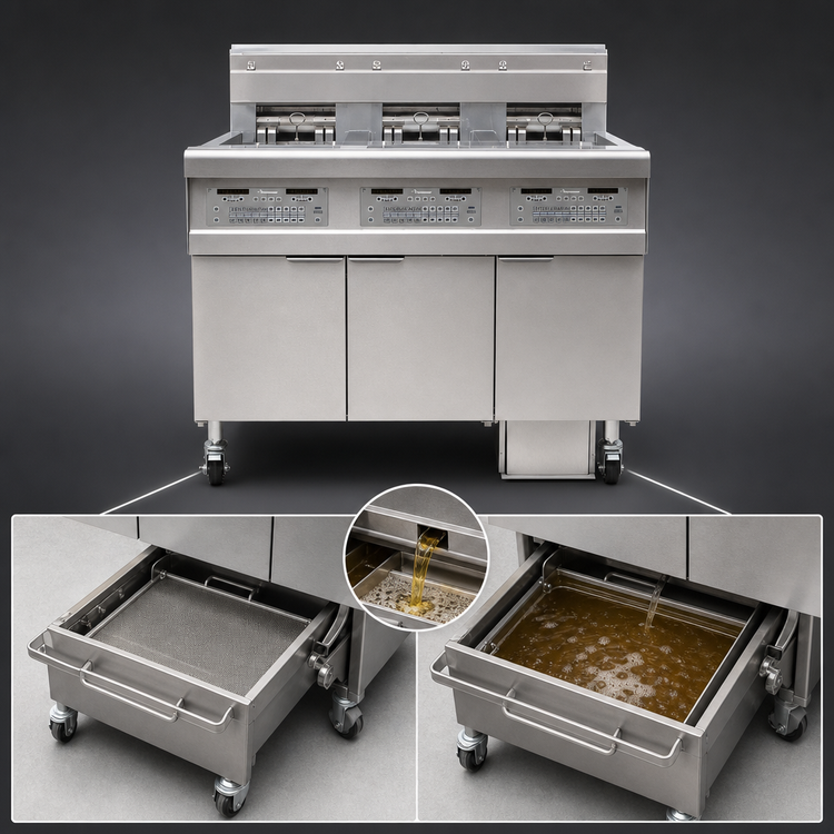 Product image #4 for Frymaster OCF30 Three-Unit Electric Oil-Conserving Open-Pot Fryer Battery with Built-In Filtration, 30 lb. Each