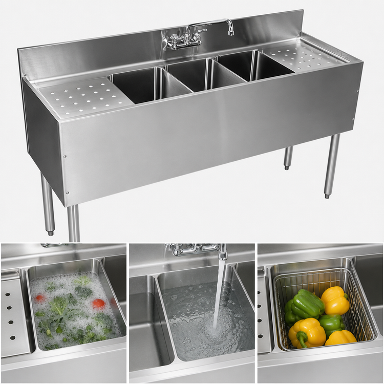 Product image #4 for CHOICE 84-Inch Three Compartment Underbar Sink Unit with Dual Drainboards, 19-Inch Deep